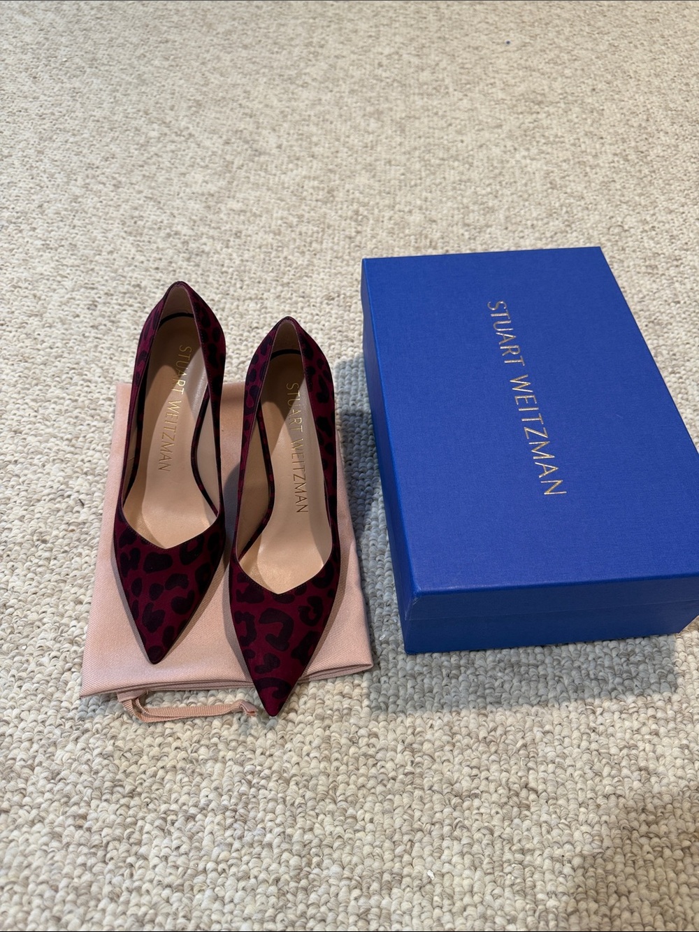 Stuart Weitzman Anny Cranberry Burgundy Leopard-Print Pointed Pumps